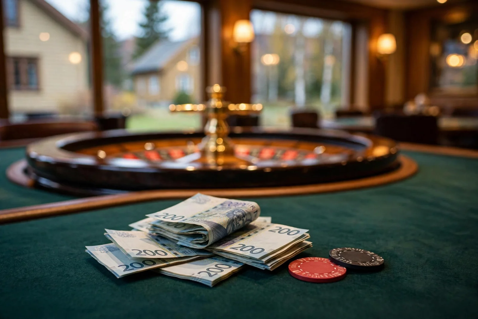 Norske 200-kronersedler og casinojetonger på spillebord