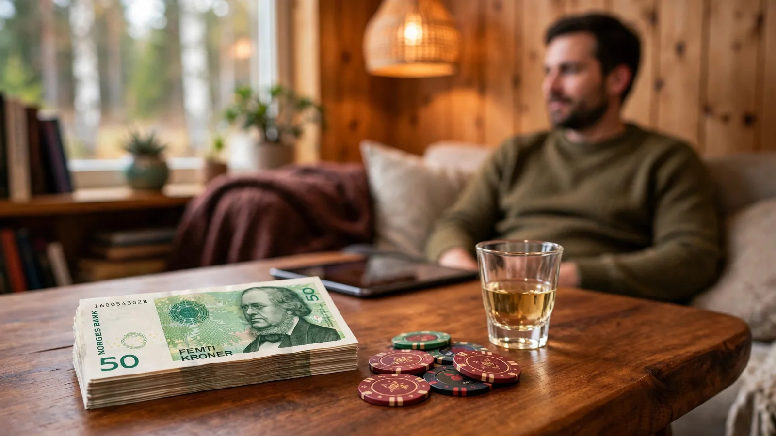 Norske kroner og casinobrikker på et trebord i en koselig norsk stue.