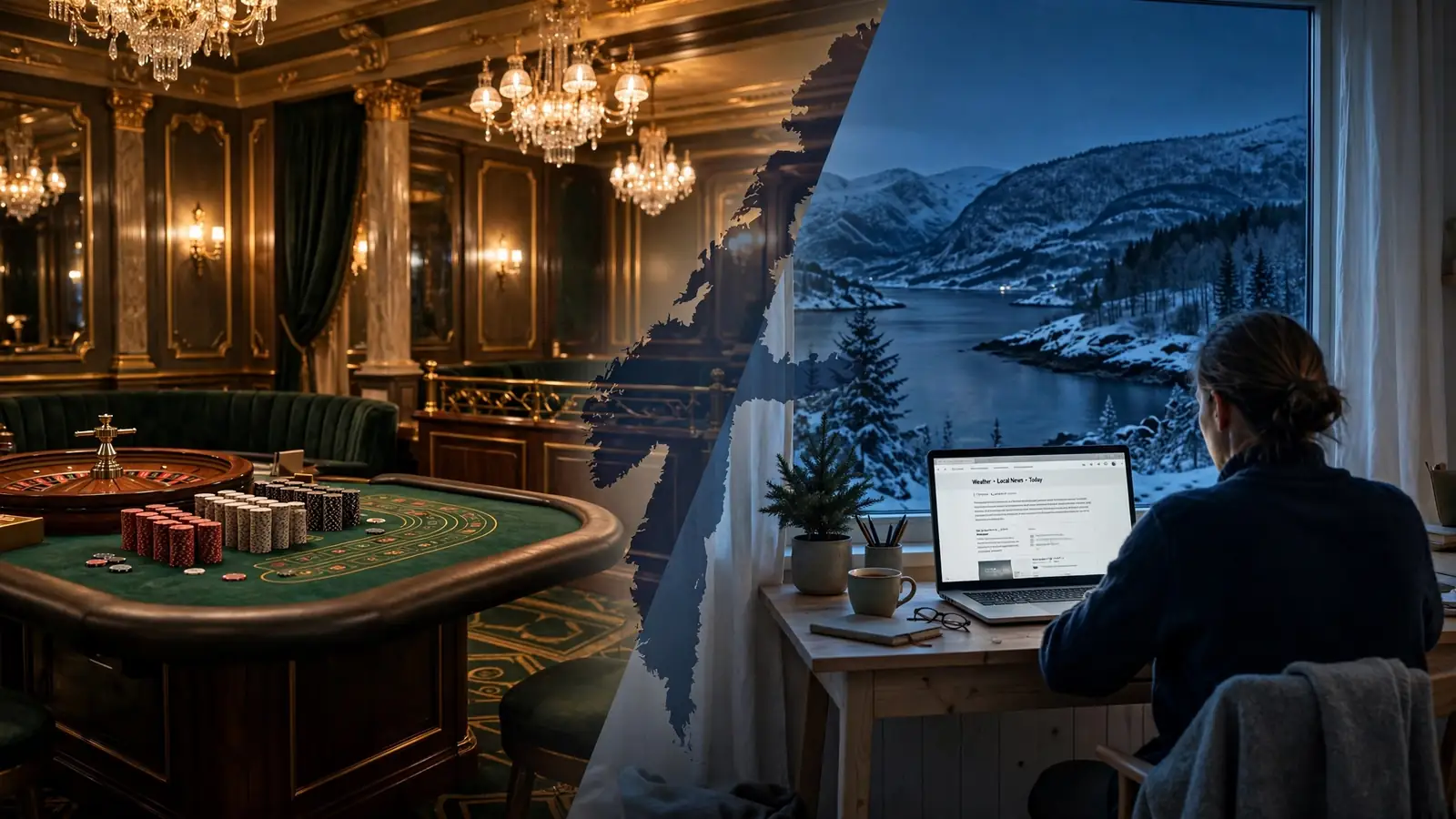 Stilbilde som viser landbasert casino og en person som bruker nettcasino hjemme i Norge.