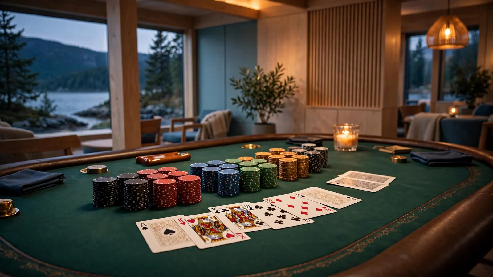 Elegant blackjack-bord i et norsk casino med jetonger og kort