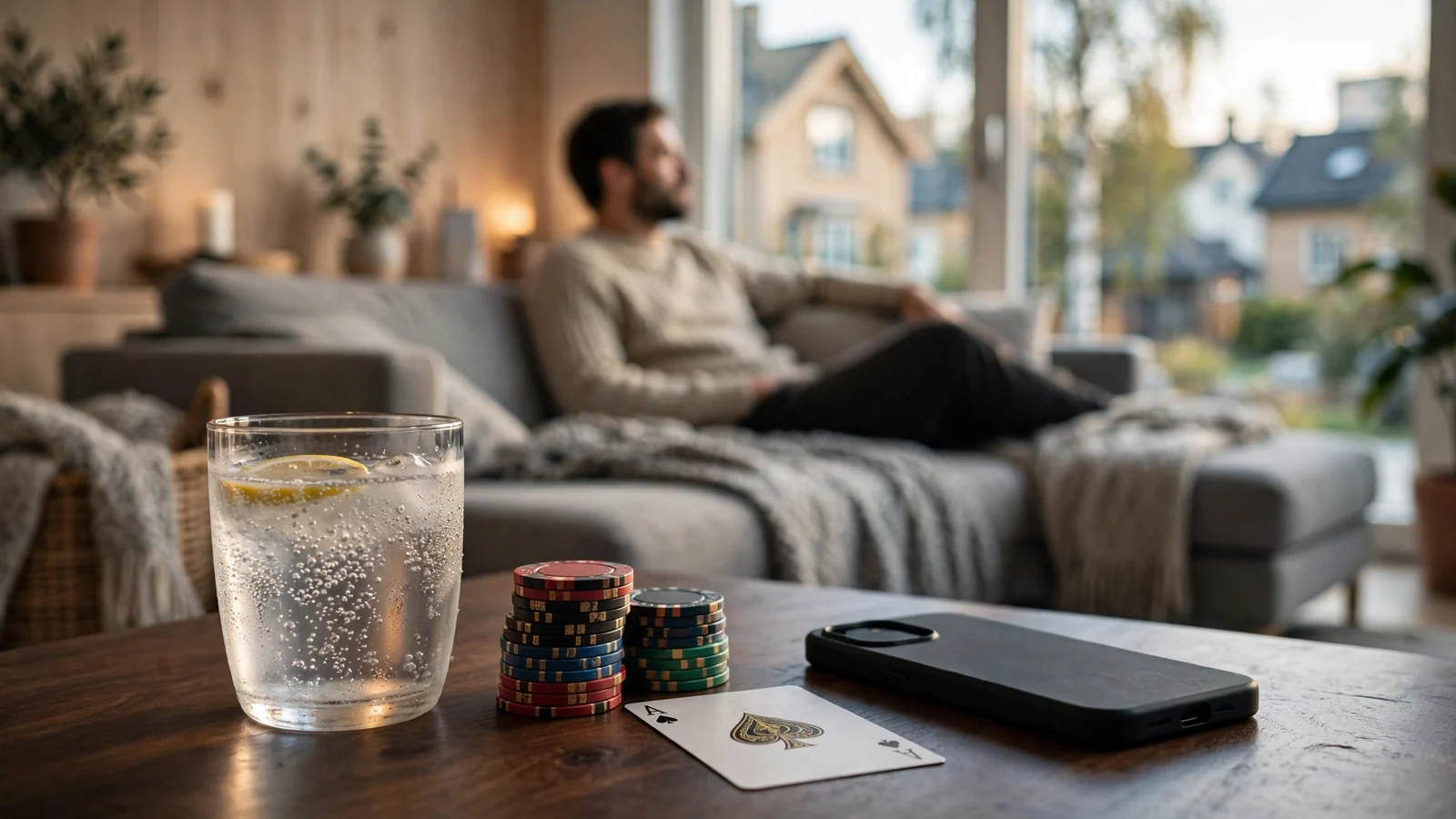Casino-brikker, kort og en drink på et moderne norsk bord