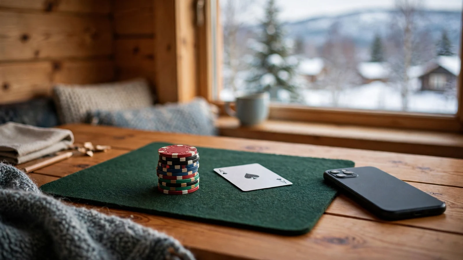 Casinochips på filtunderlag med telefon og norsk vinterutsikt i bakgrunnen