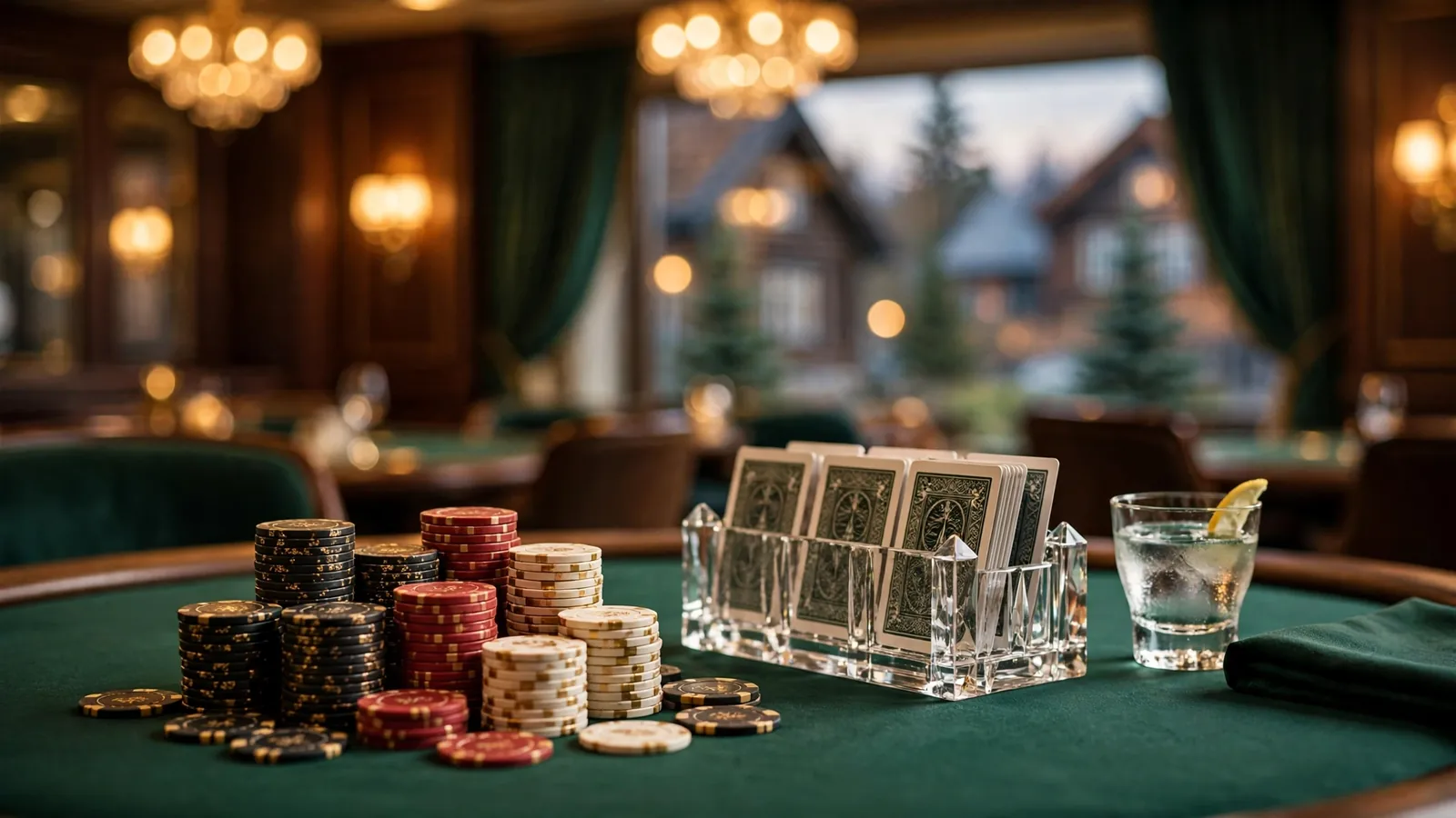 Elegant baccarat-bord med jetonger og kortstativ i et luksuriøst casino
