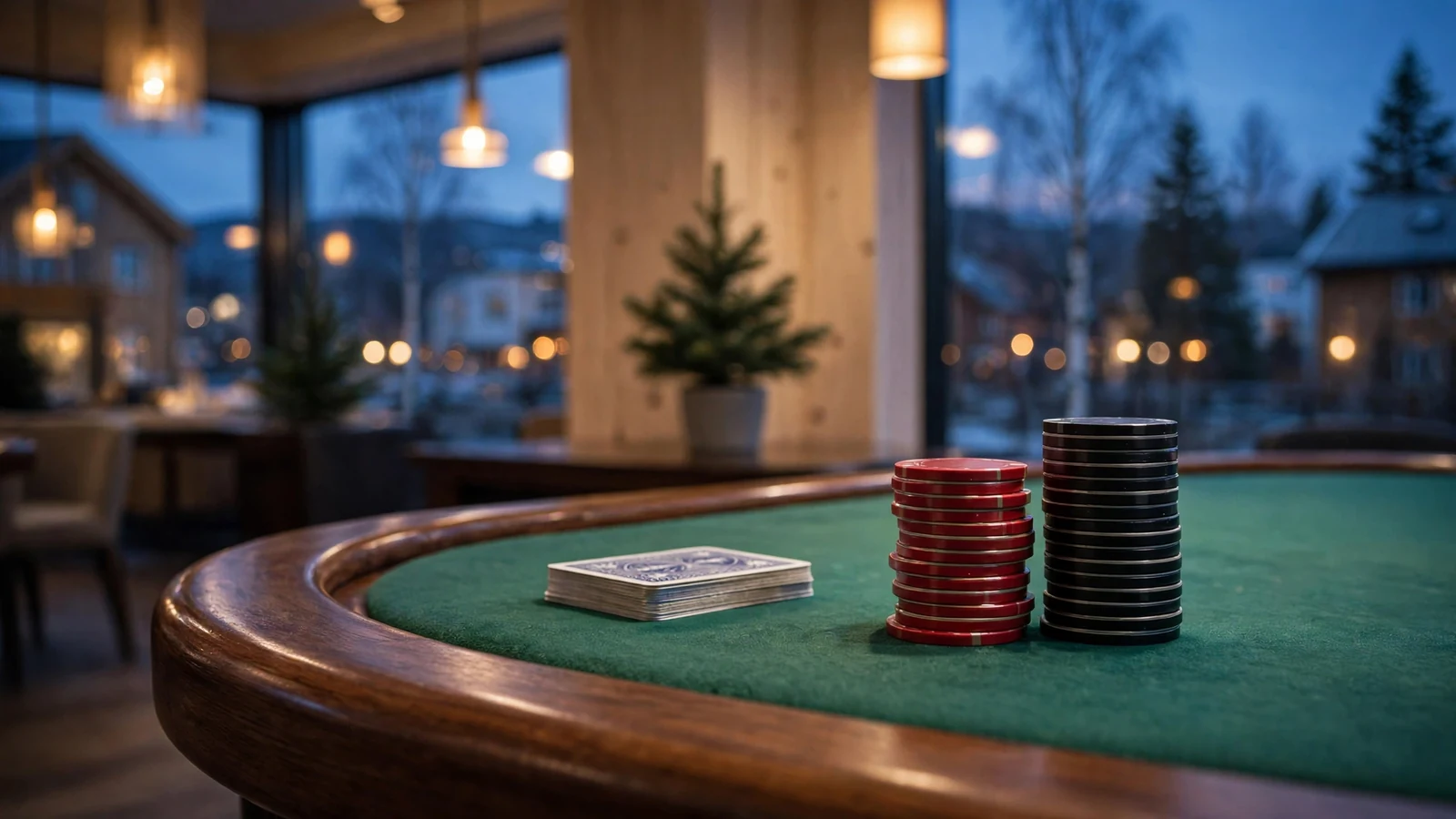 Elegant blackjack-bord med jetonger og kort i et casino