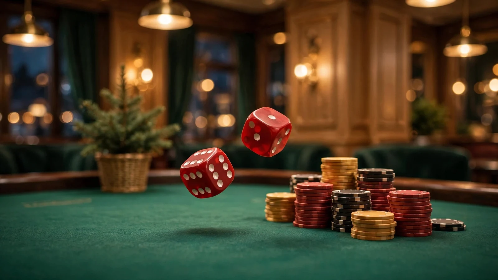 To terninger kastet over et craps-bord med jetonger i et elegant casino