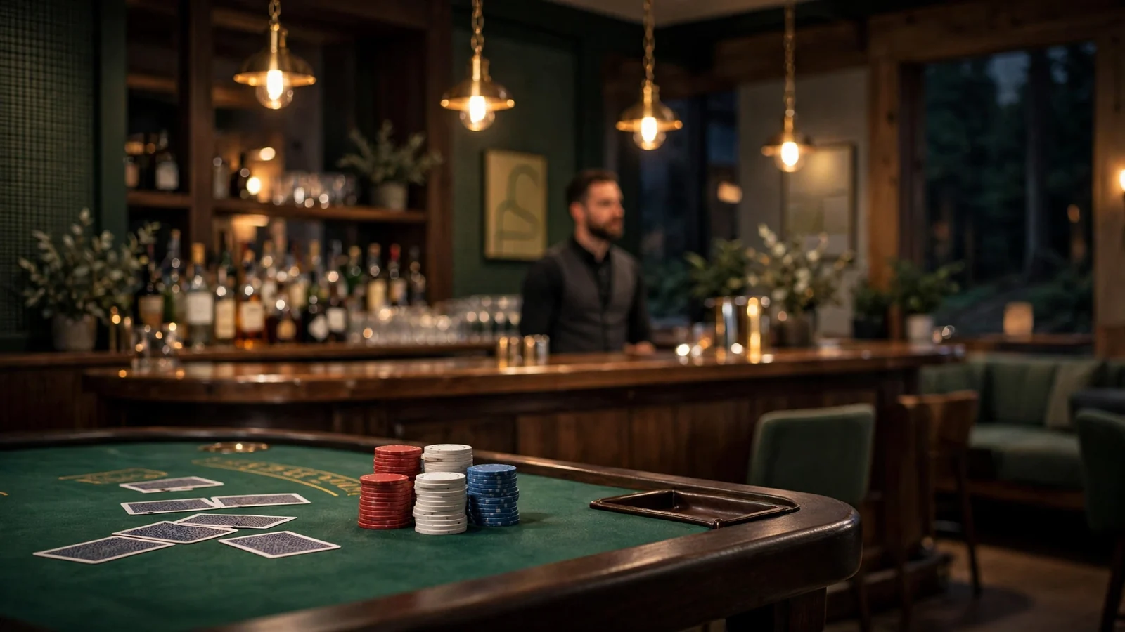 Elegant blackjackbord med jetonger og kort i et norsk casino