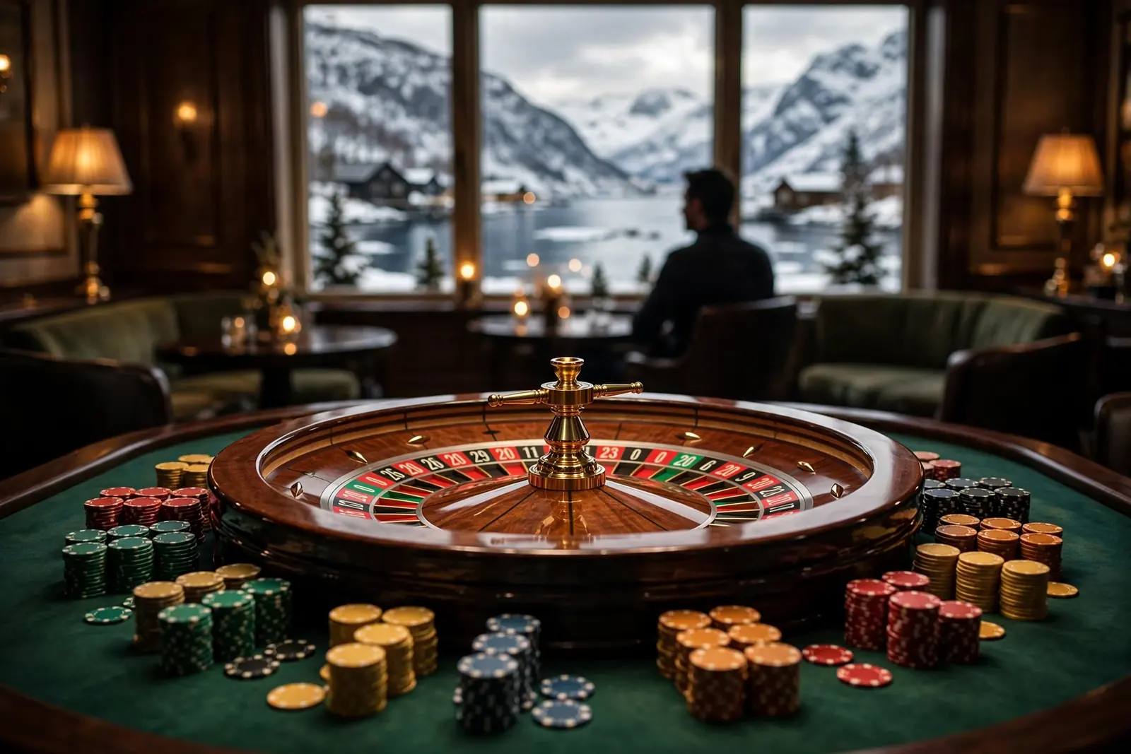 Elegant rulettbord med sjetonger og norsk fjord i bakgrunnen