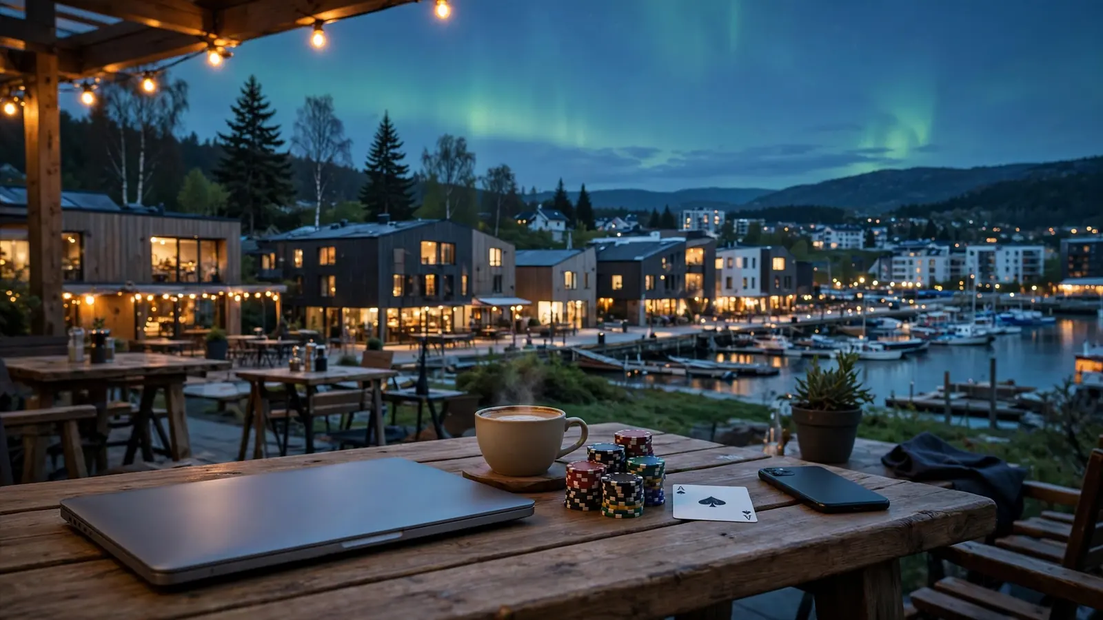 Lukket laptop på kafé med pokerjetonger og kaffe under nordlys