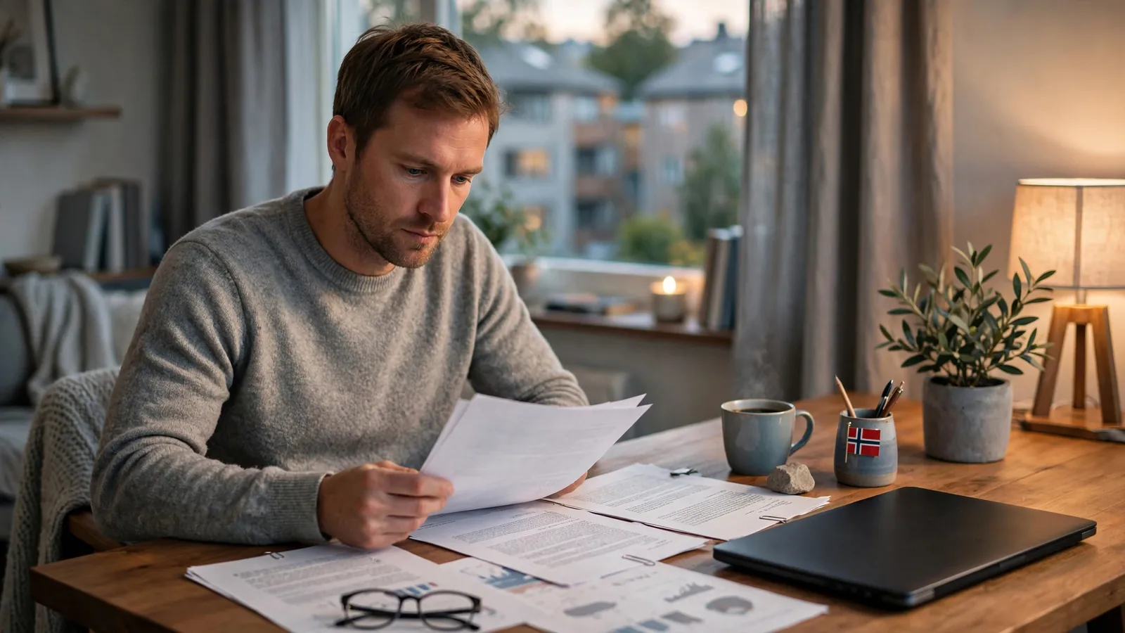 Mann som vurderer dokumenter ved et skrivebord i en moderne norsk leilighet
