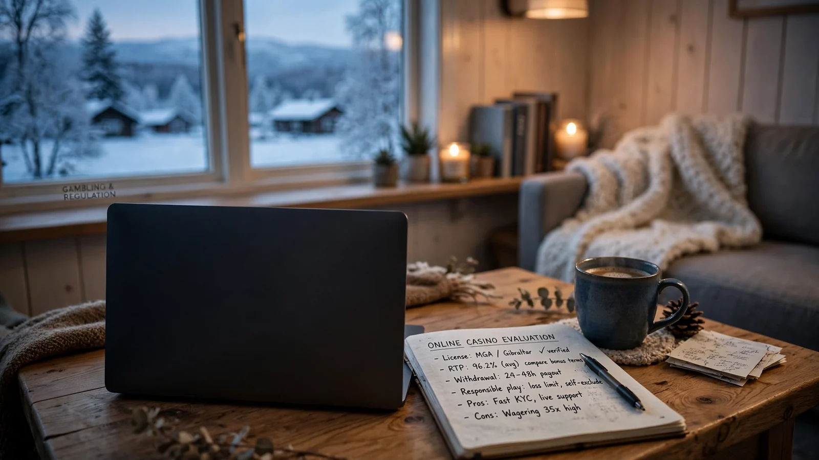 Hjemmekontor med bærbar PC, notatbok og kopp kaffe ved vinduet