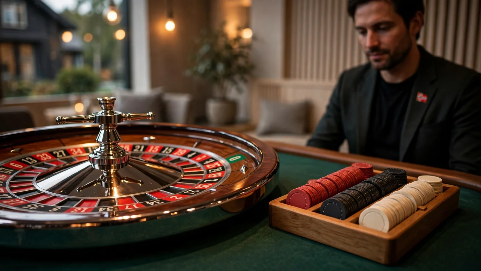 Klassisk europeisk roulettehjul på et elegant casino-bord i Norge