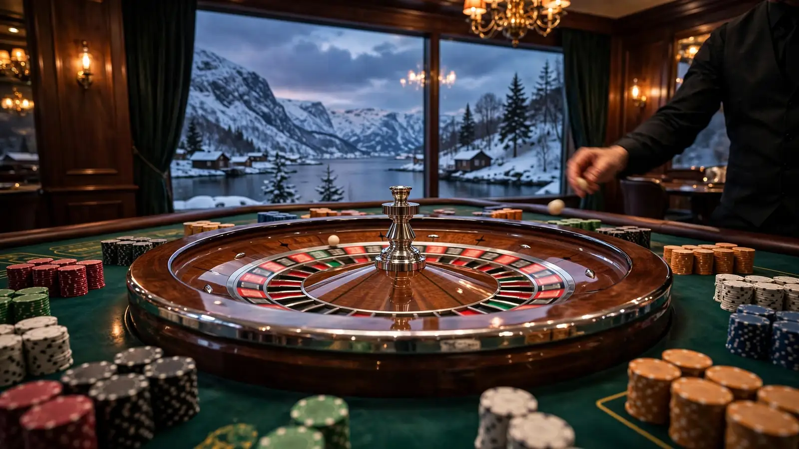Elegant live roulettebord med hjul og sjetonger i et norsk casino