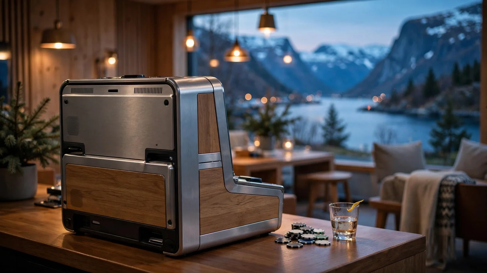 Moderne norsk spilleautomat i en koselig lounge med utsikt over fjord