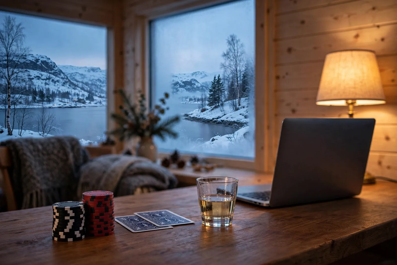 Casinojetonger og kort på et trebord i en moderne norsk hytte