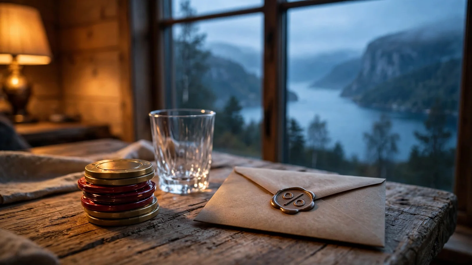 Casino-brikker og konvolutt på et nordisk trebord med norsk fjord i bakgrunnen