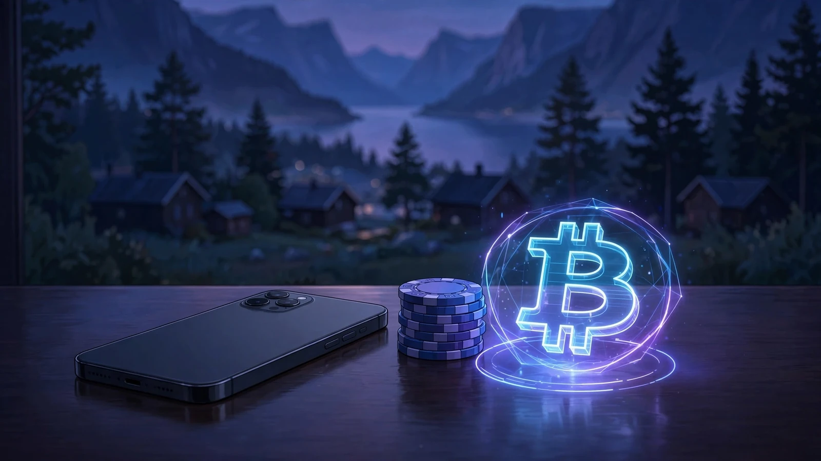 Telefon med krypto og casinobrikker ved norsk fjord i skumringen