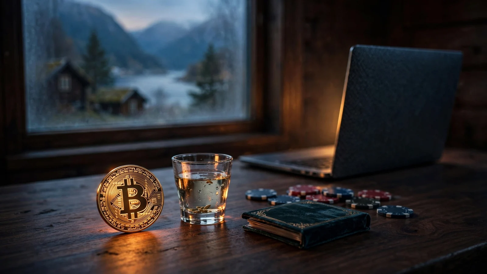 Bitcoin-mynt, pokerjetonger og aquavit på et mørkt bord med norsk fjord i bakgrunnen