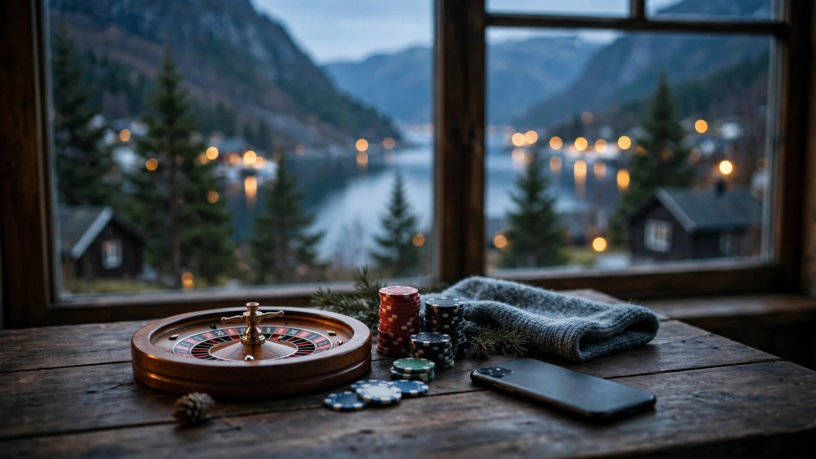 Casinoklosser, rulett og en telefon på et mørkt bord med norsk fjord i bakgrunnen