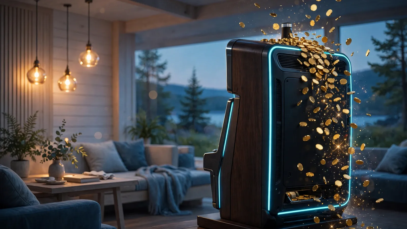 Neon spilleautomat med gullmynter i en moderne norsk lounge