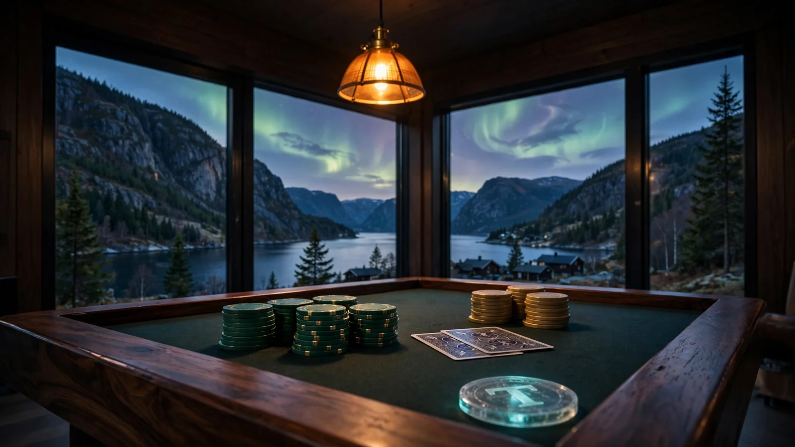 Bord med casinobrikker og kryptovaluta-token foran norsk fjord i skumring