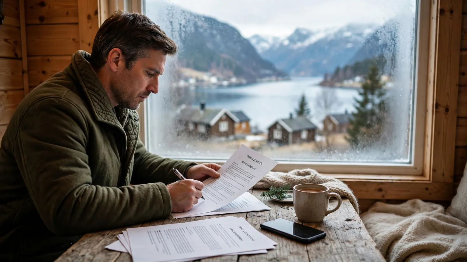 Person ved et bord med fjellutsikt som leser vilkår på papir