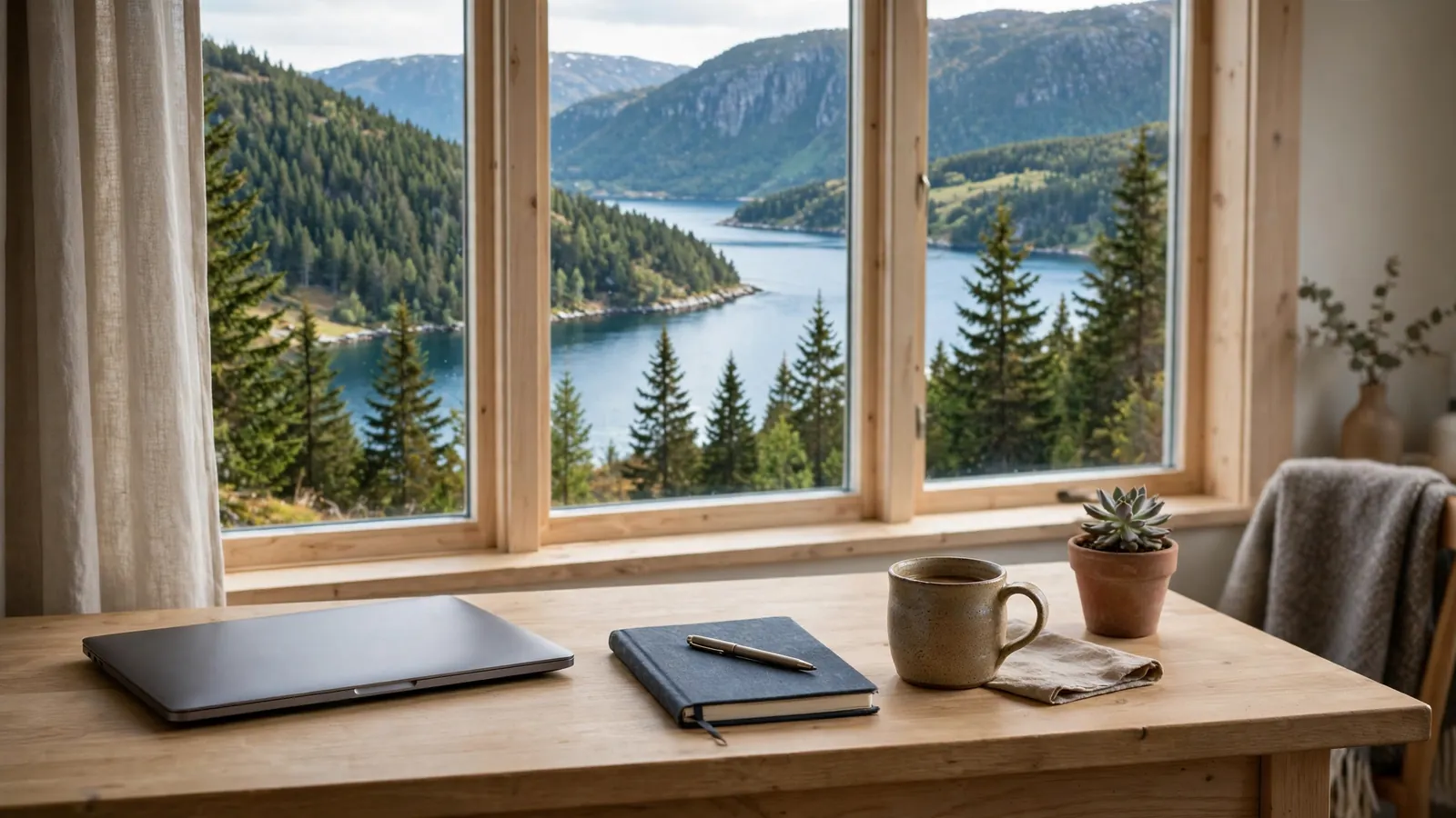 Skandinavisk arbeidsplass med notatbok og kaffekopp ved norsk fjord