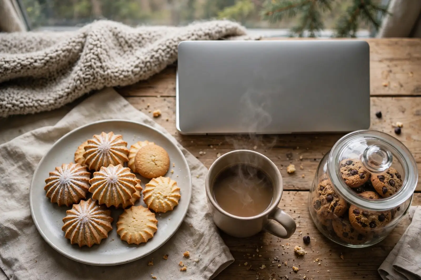 Norske småkaker og kaffe på et trebord ved siden av en laptop