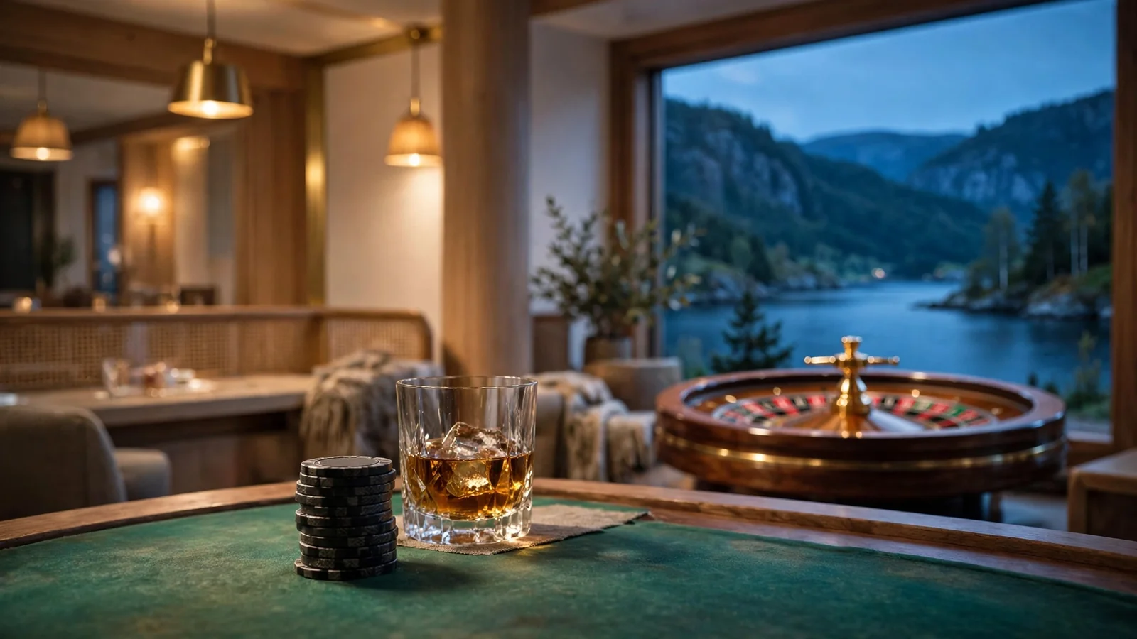 Eksklusiv norsk casinoloft med jetonger og roulettehjul