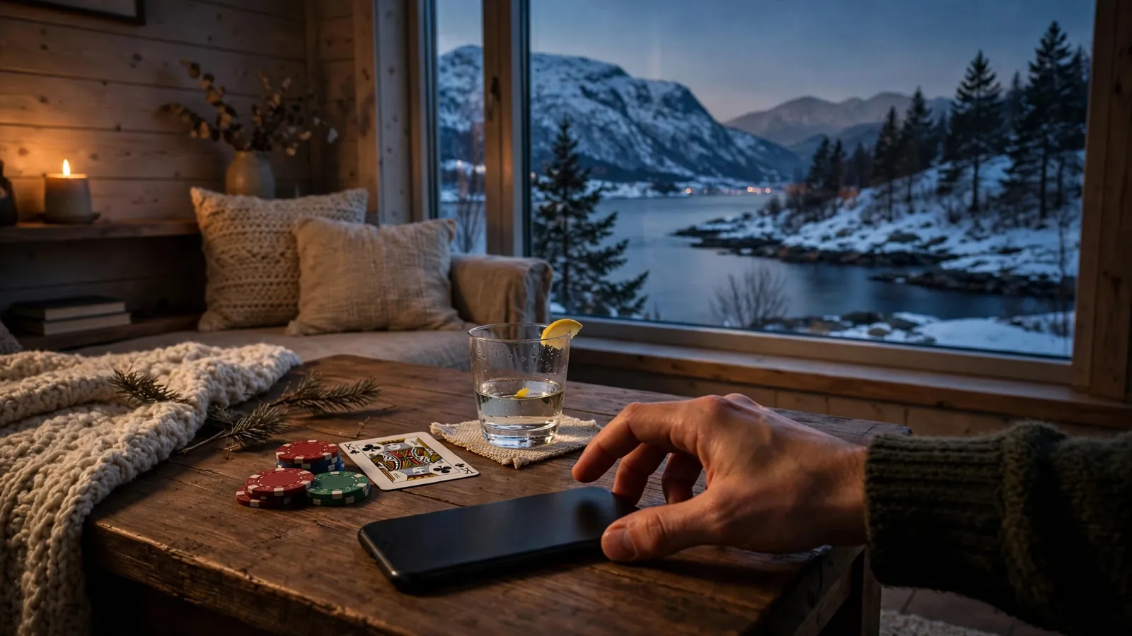 Hånd mot telefon på bord med fjordutsikt over Norge