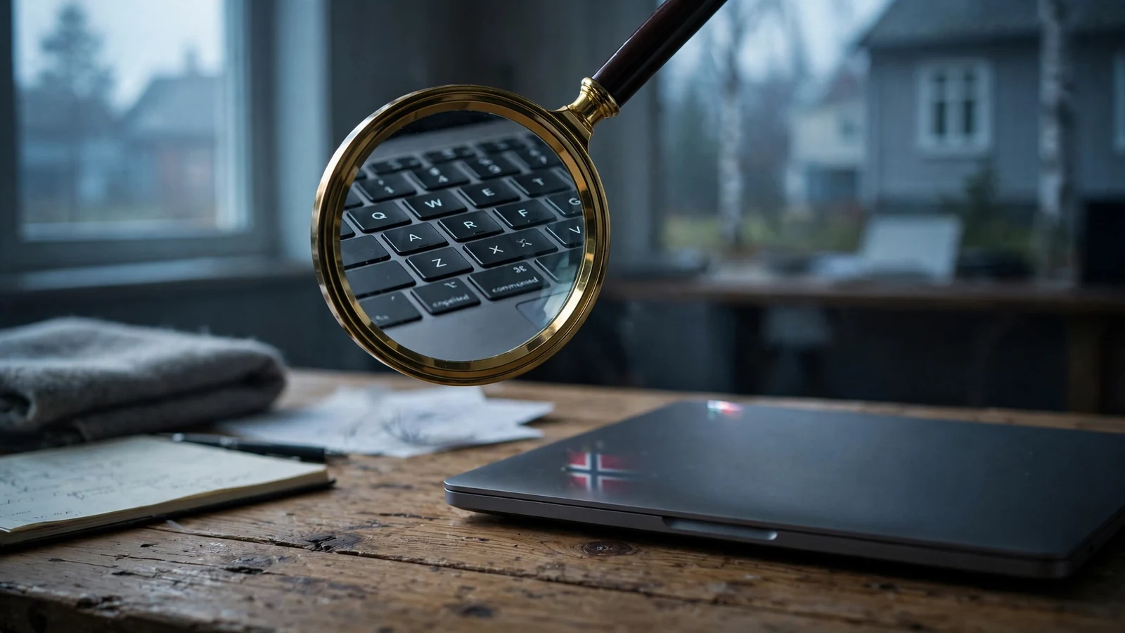 Forstørrelsesglass over et bærbart tastatur på et skrivebord