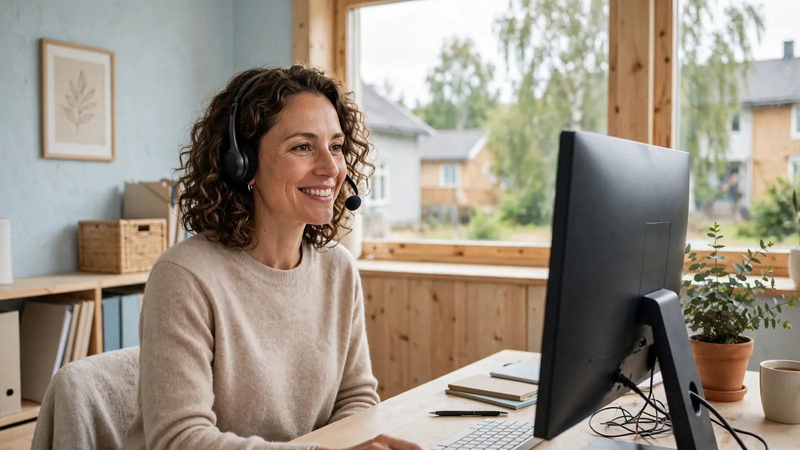 Kundemedarbeider med headset i et lyst kontor
