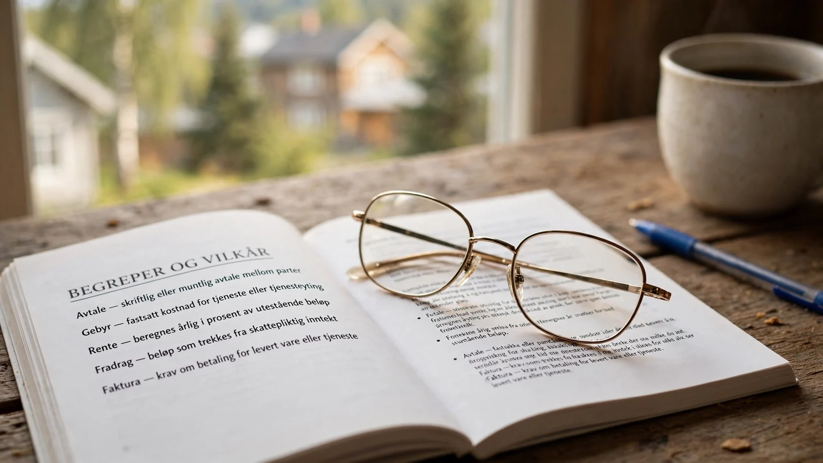 Lesebrille på et åpent hefte med vilkår på et skrivebord