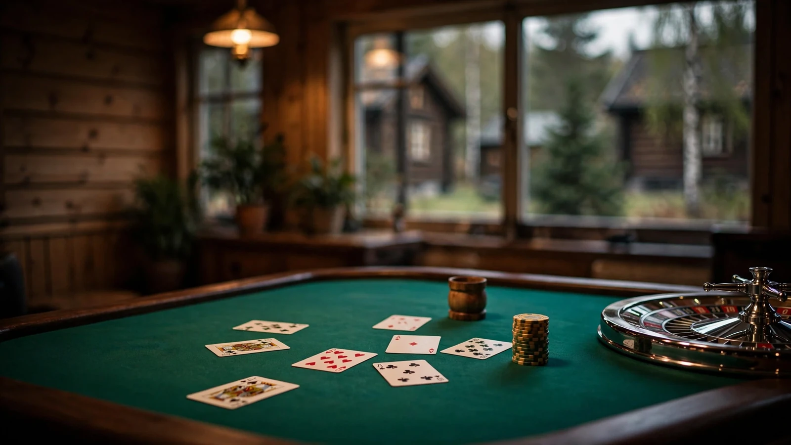 Tomt casinobord med kort, jetonger og ruletthjul
