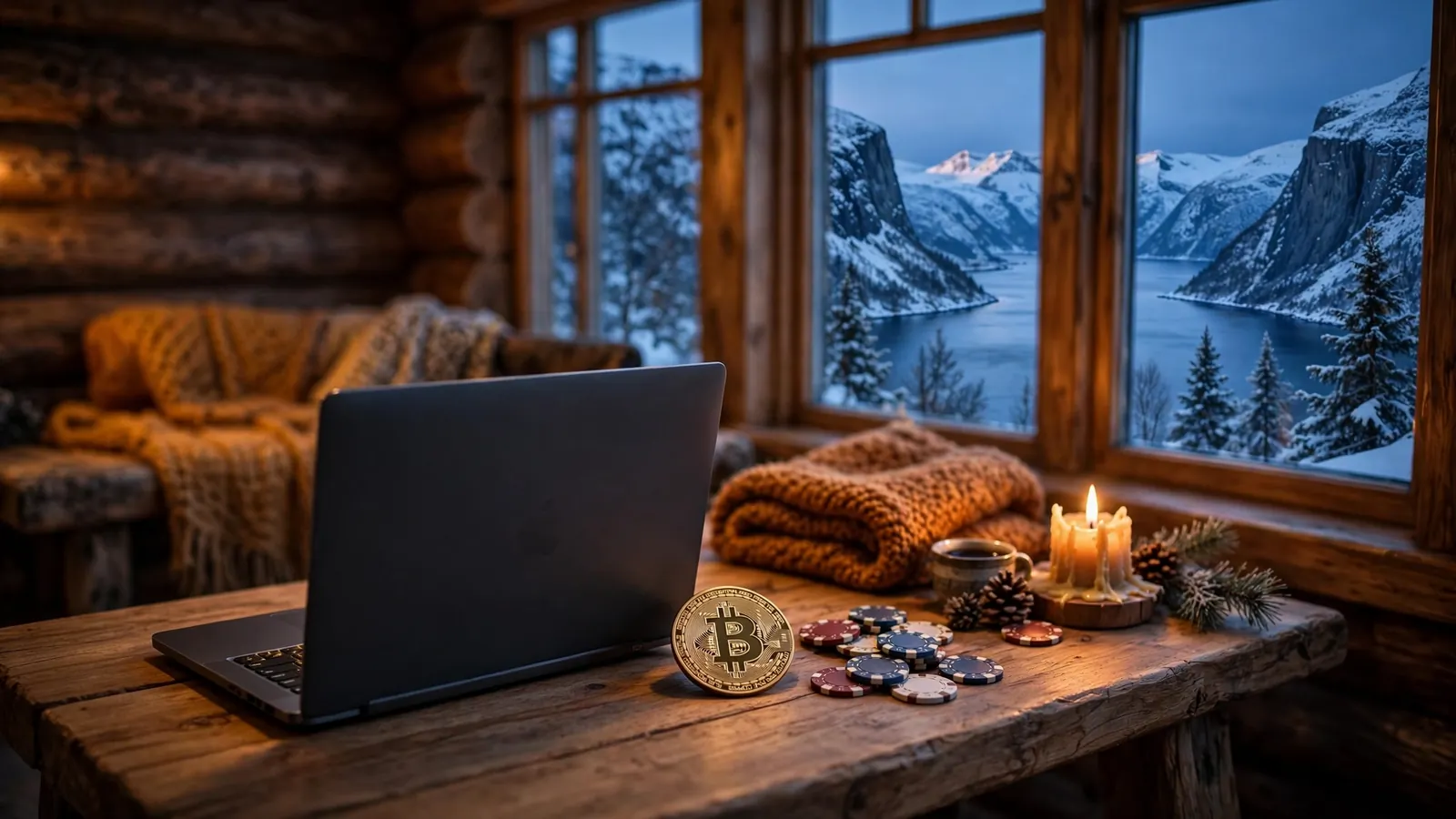Bord med kryptovaluta og pokerjetonger i norsk hytte