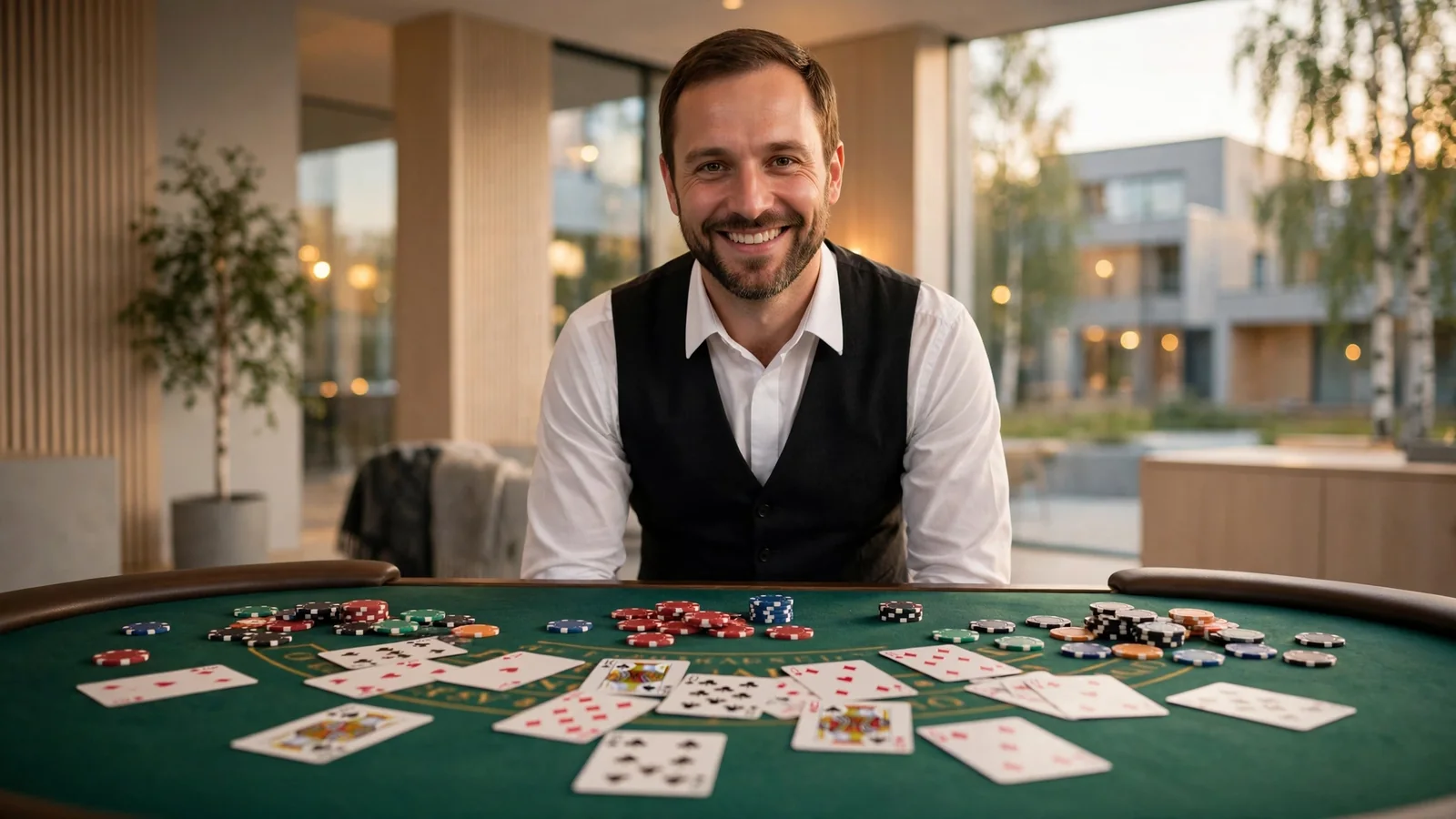 En profesjonell live blackjack-dealer bak et elegant casinobord med kort og jetonger