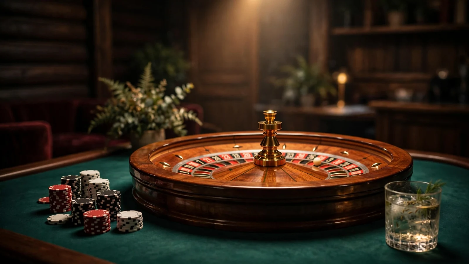 Elegant roulette-bord med jetonger i et stemningsfullt casino
