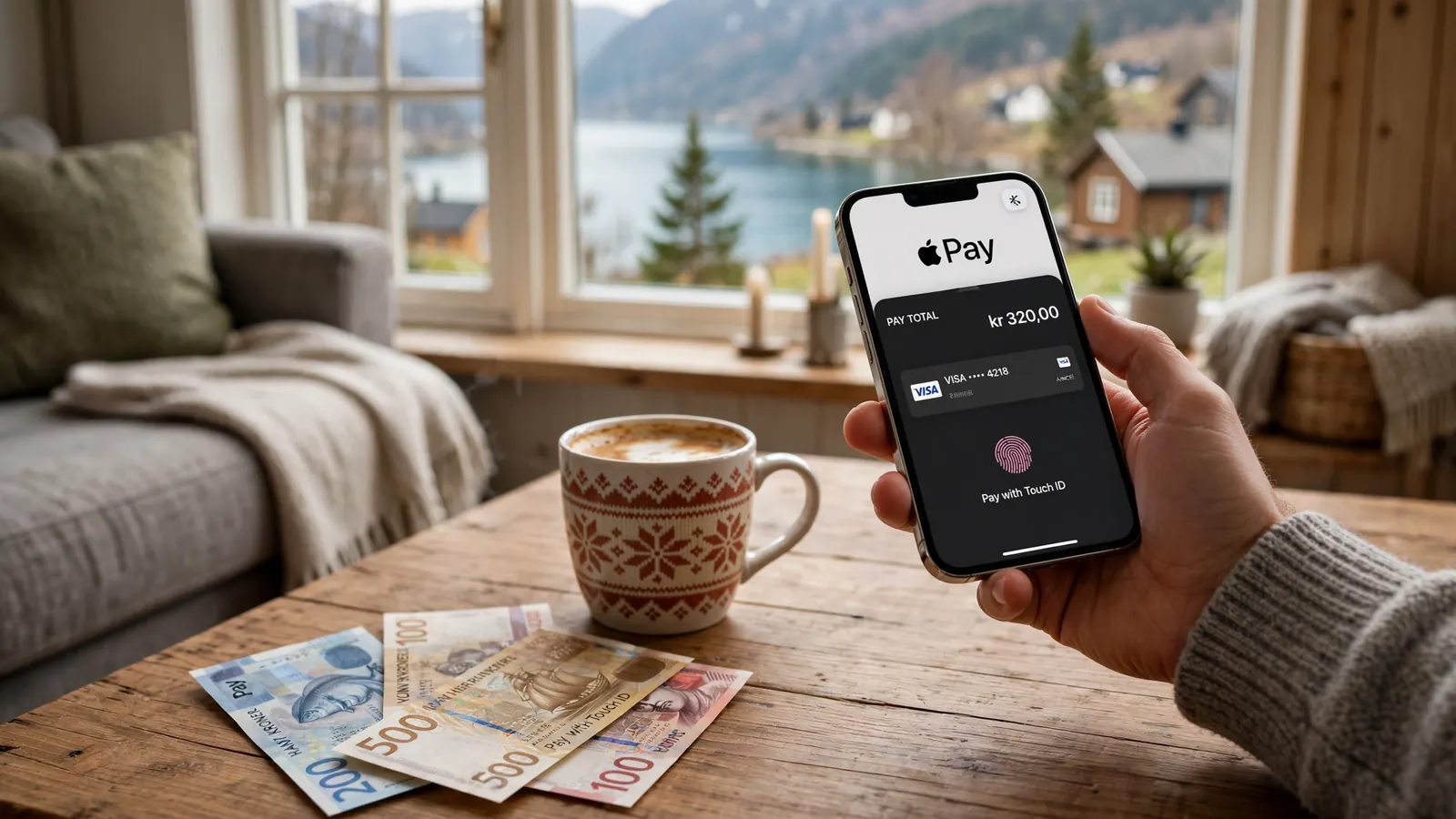 Hånd med iPhone som bekrefter Apple Pay-betaling i et norsk hjem