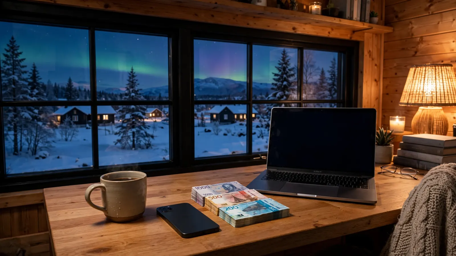Norsk hjemmekontor med telefon, kroner og laptop ved vindu med nordlys