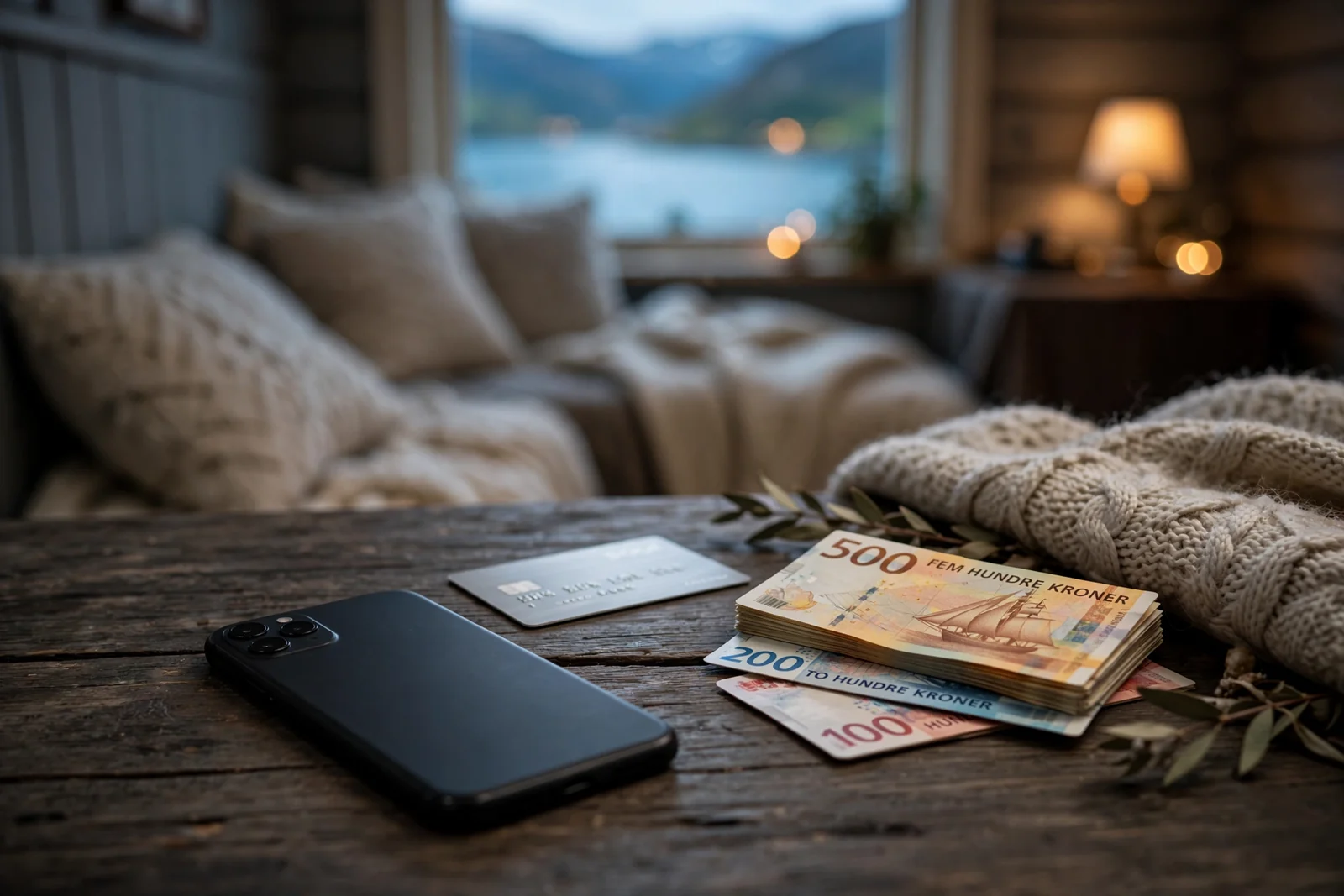 Smarttelefon og kredittkort på bord med norske kroner