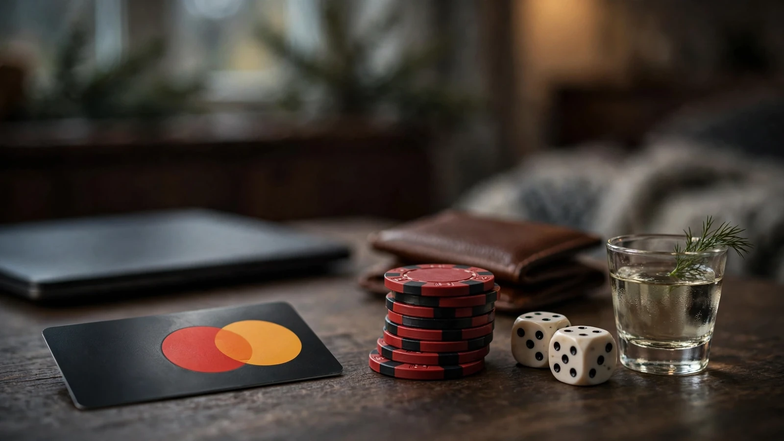 Mastercard-kort med casinobrikker og terninger på mørkt trebord