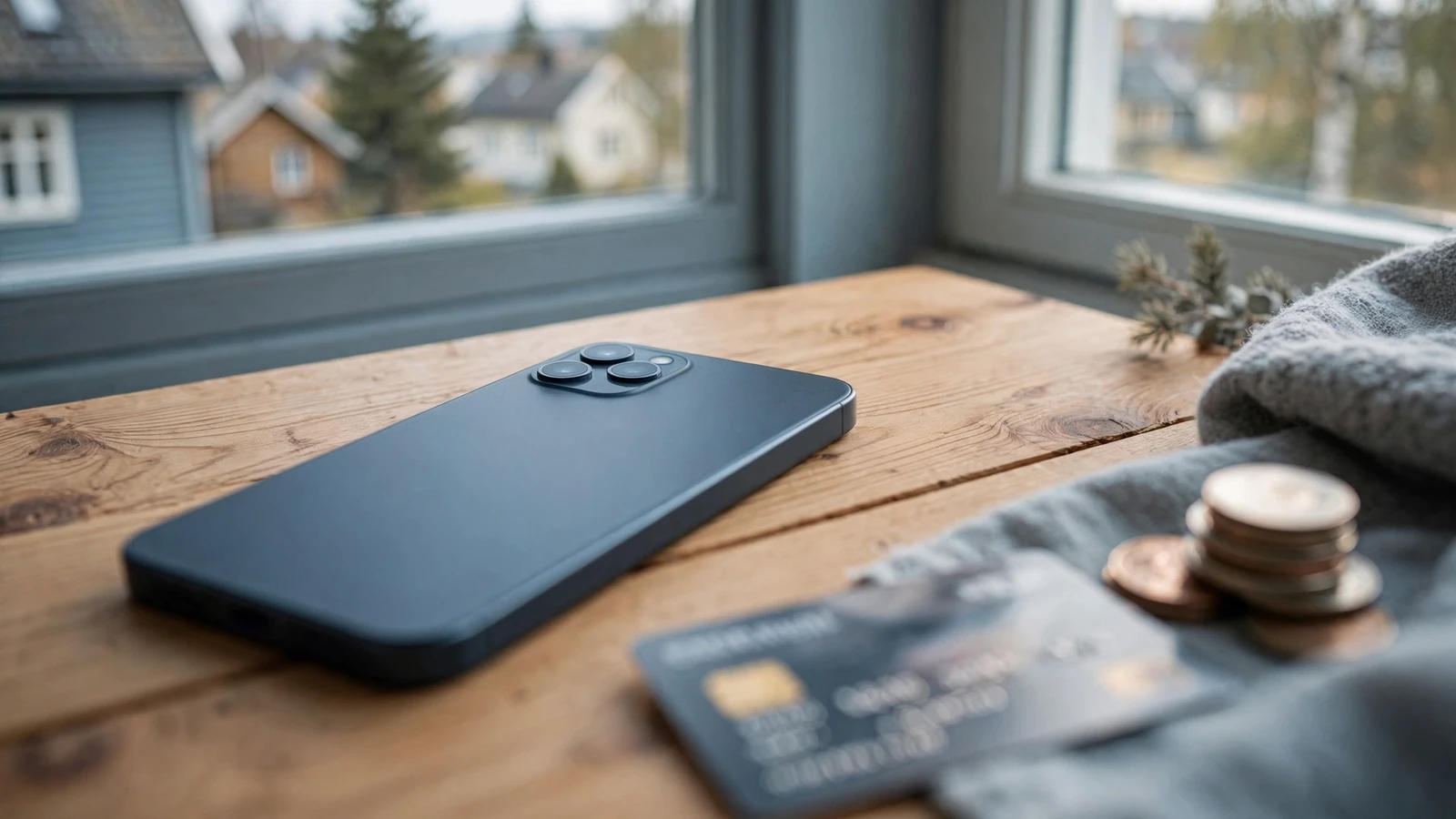 Smarttelefon med e-lommebok på et nordisk bord ved siden av kort og mynter