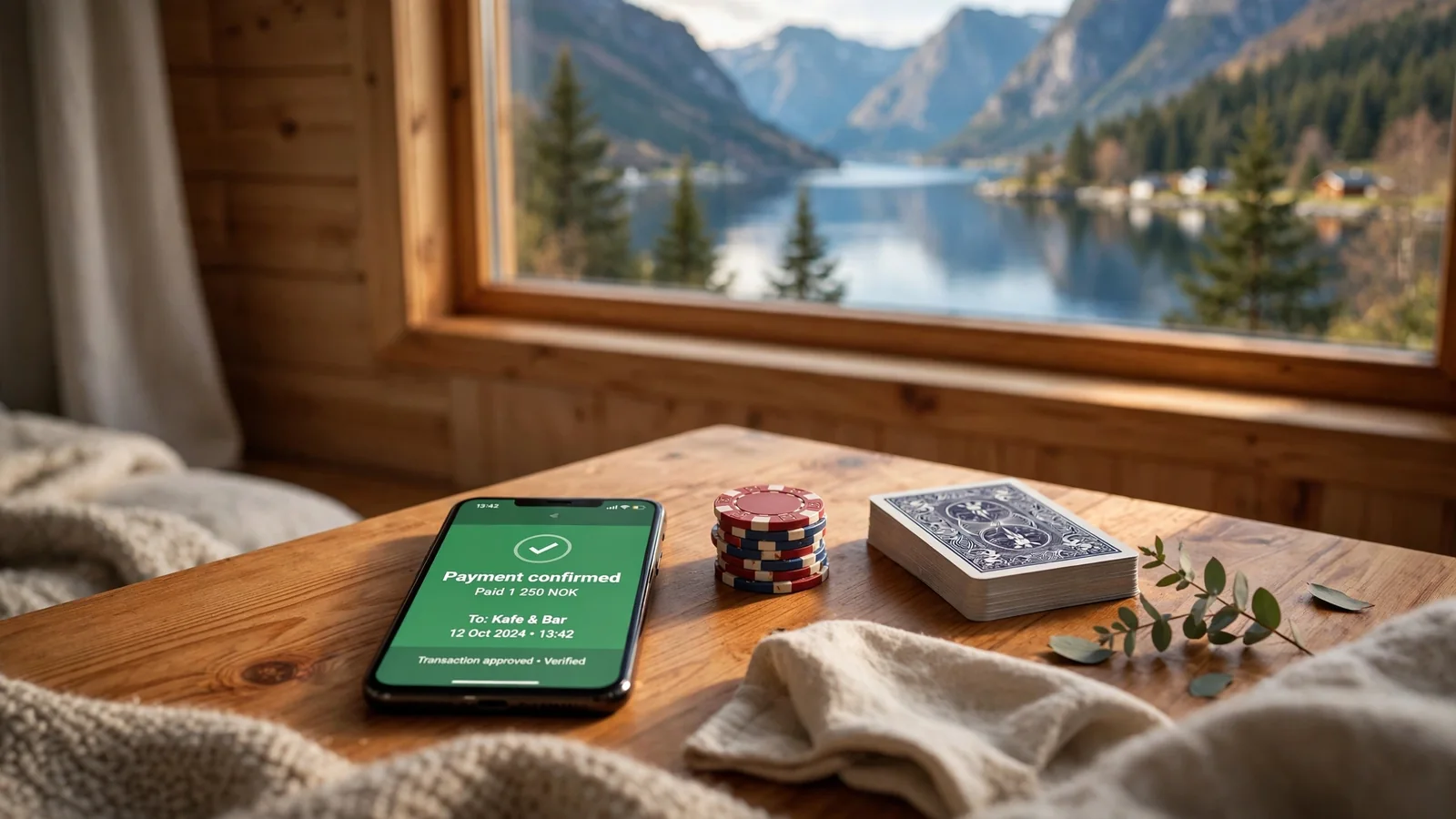 Smarttelefon med betalingskvittering, pokerjetonger og kort på nordisk bord med fjordutsikt