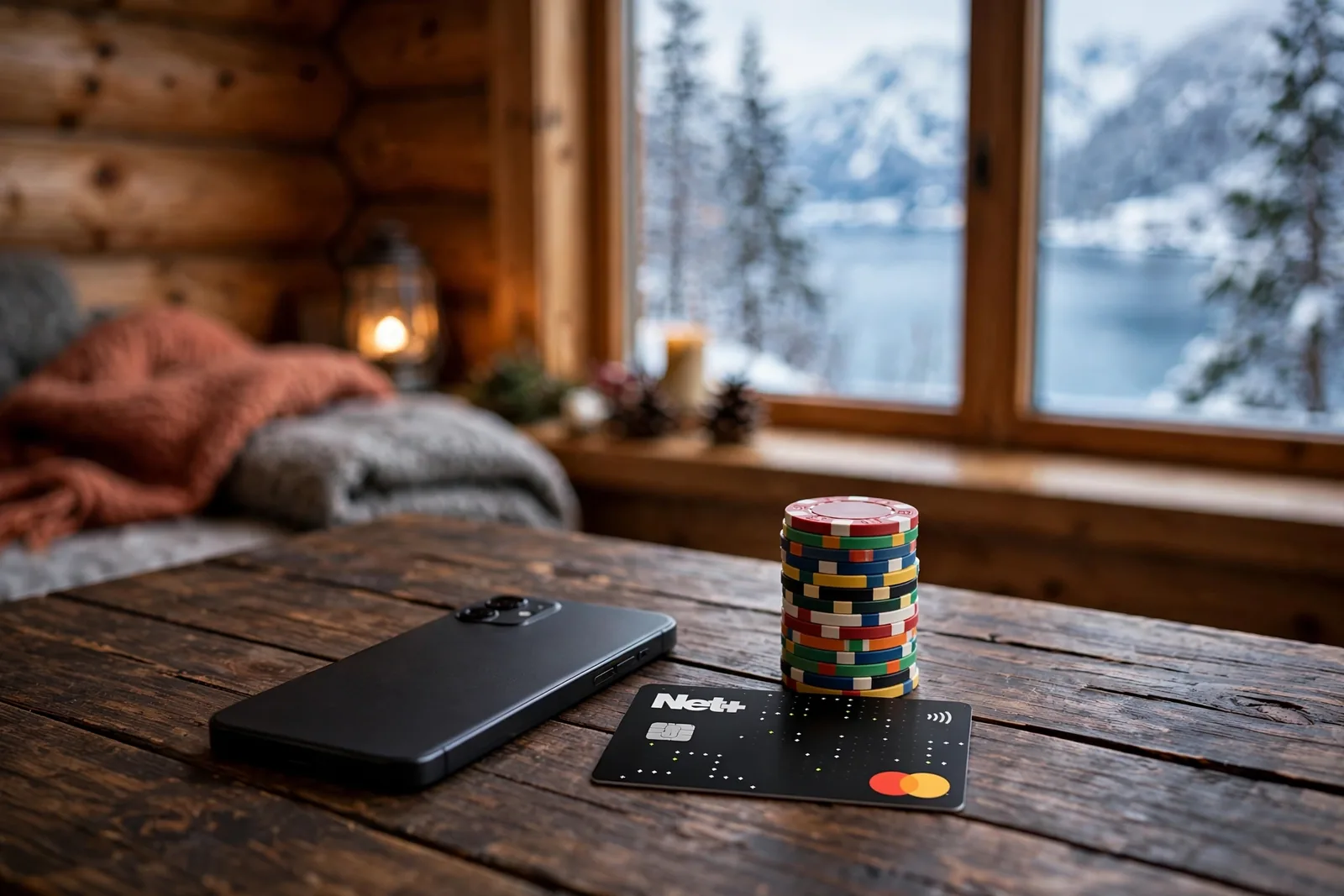 Smarttelefon med Neteller-kort og pokerjetonger på et norsk bord