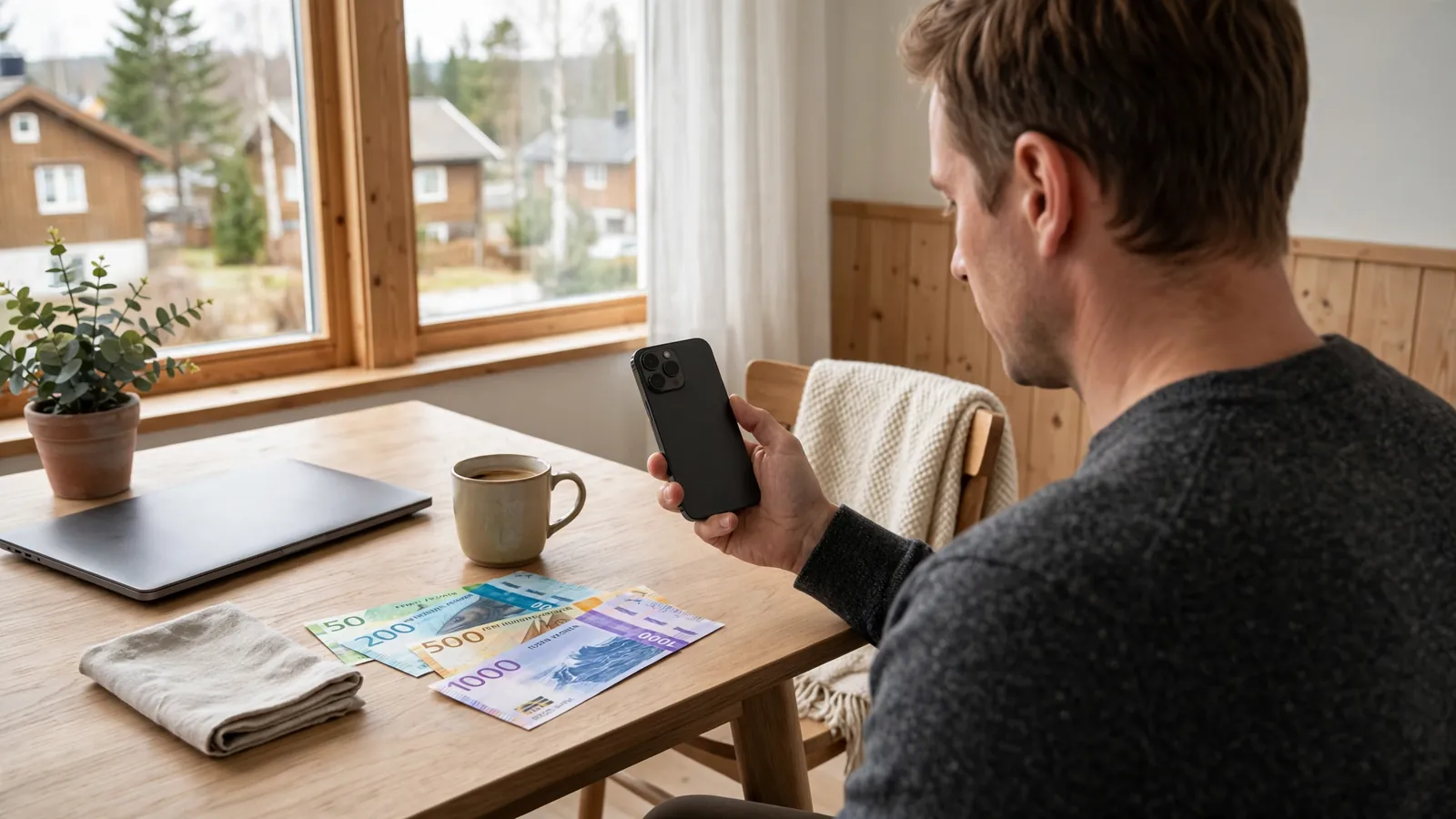 Person ved skrivebord med telefon og norske kroner