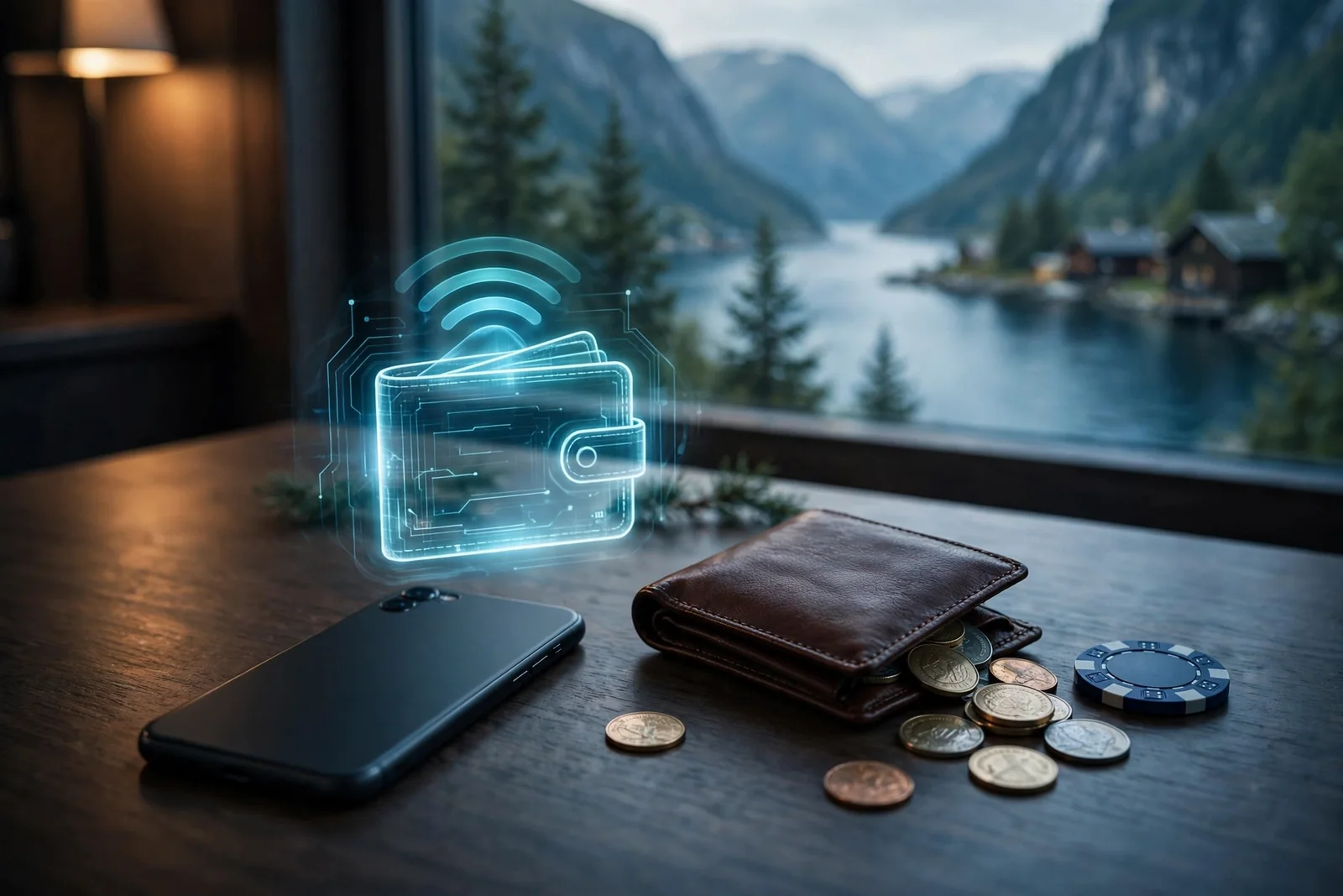 Smarttelefon med digital lommebok ved siden av casinobrikke på norsk bord