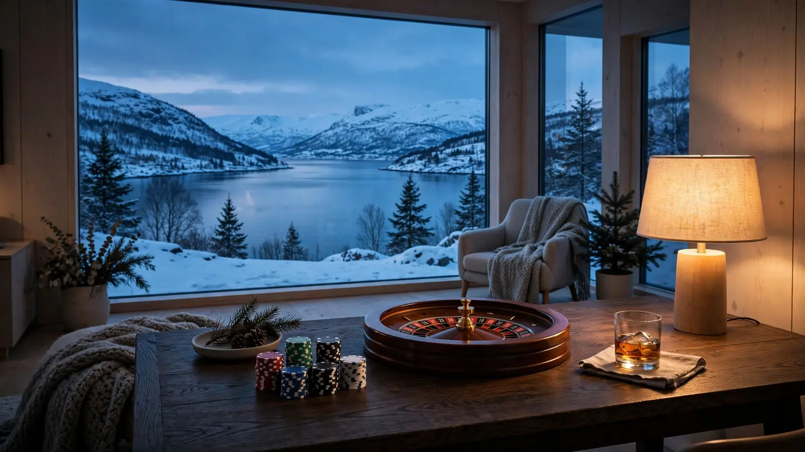Casinochips og rulett på bord i moderne norsk stue med fjordutsikt