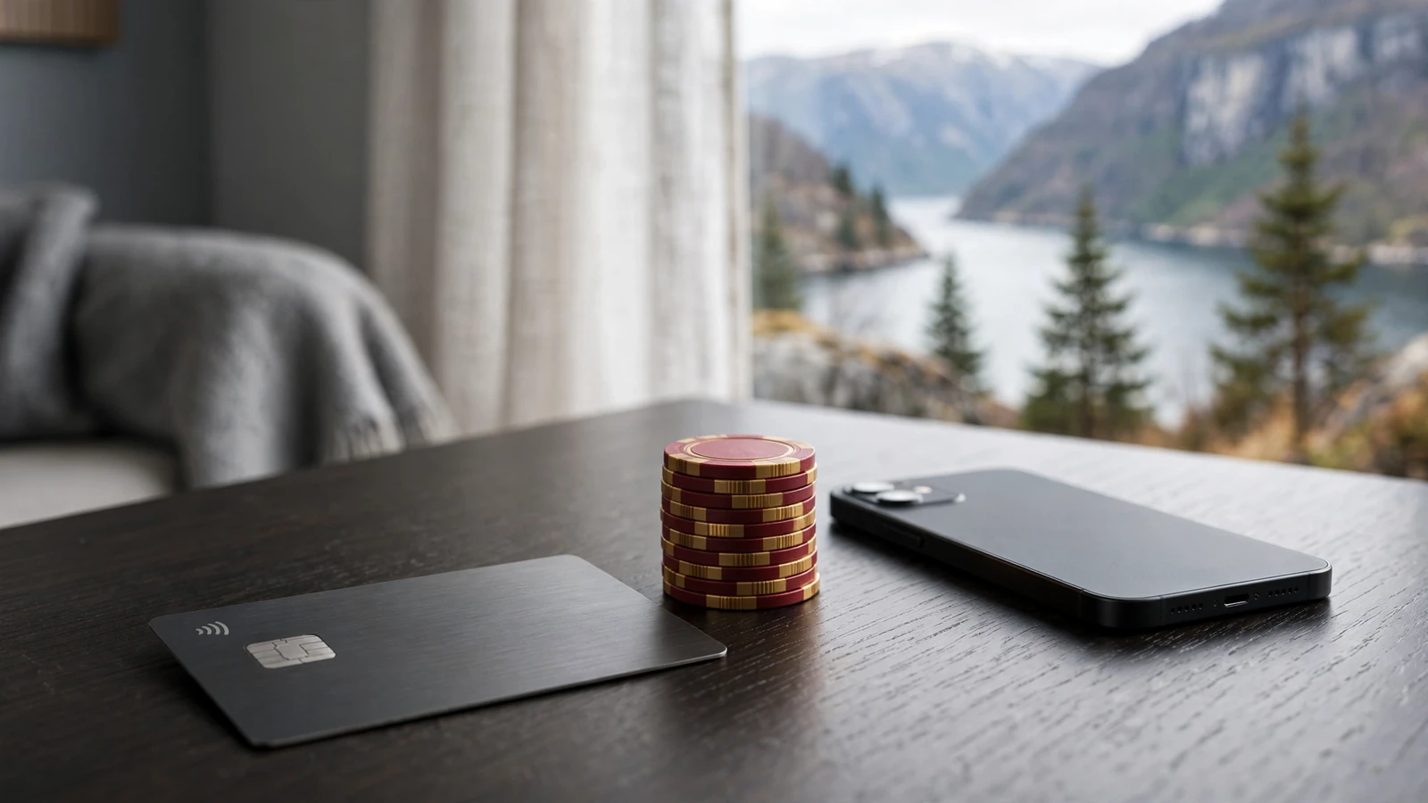 Revolut-kort og casinobrikker på et mørkt skandinavisk bord