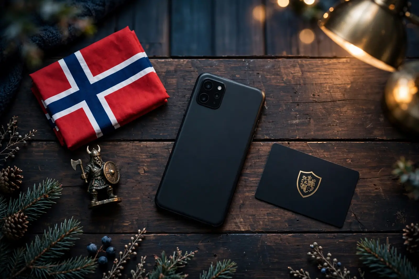 Smarttelefon, Skrill-kort og norske symboler på et skrivebord