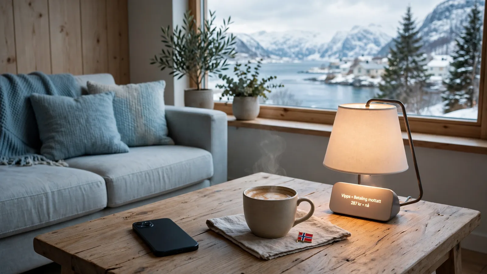 Moderne norsk stue med telefon og Vipps-betaling ved siden av kaffe