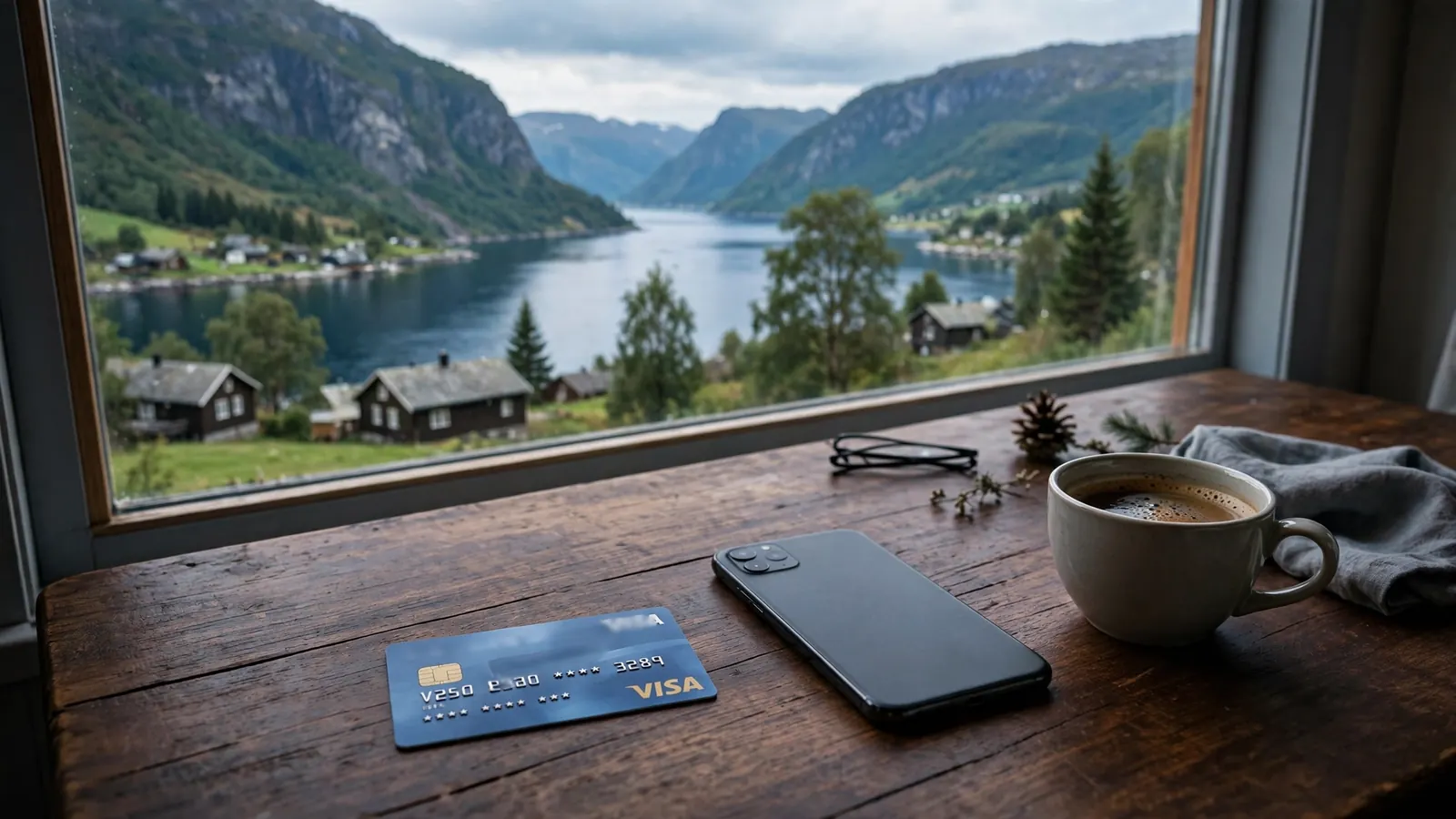 Visa-kort på bord ved siden av en telefon med norsk fjord i bakgrunnen